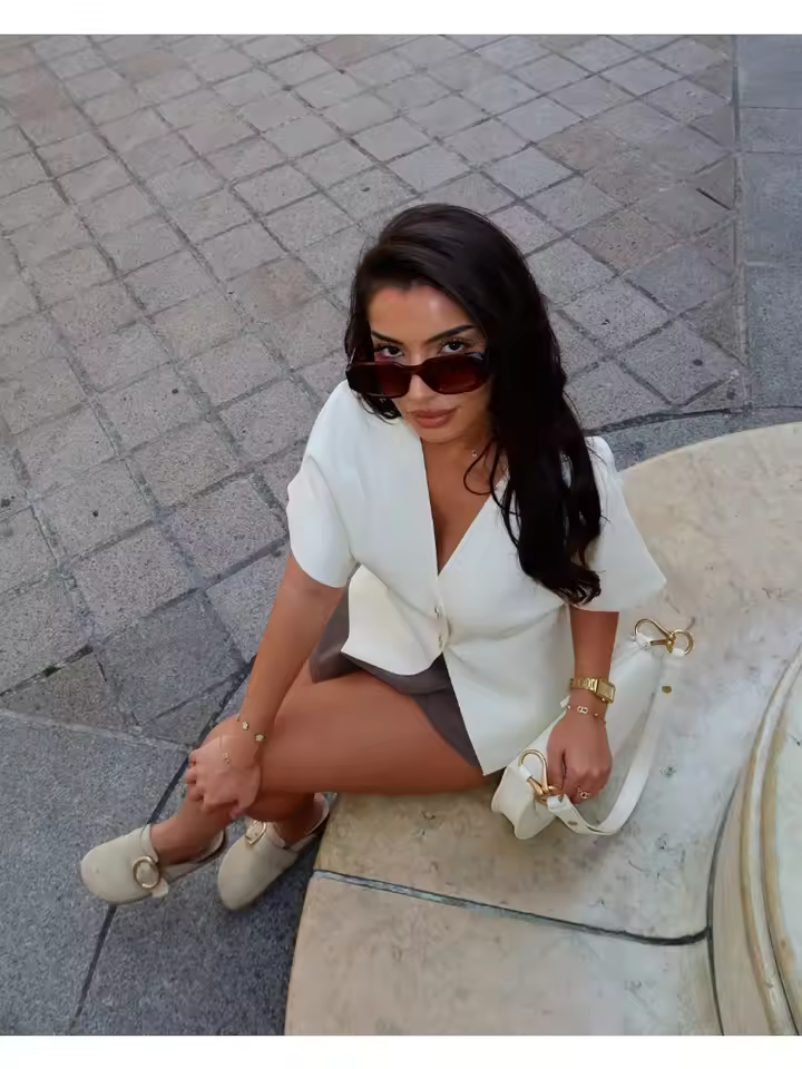 Casual Solid Knitted Vests Short Sleeve V-neck Top Two Buttons