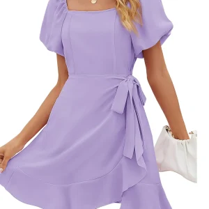 Casual Square Neck Ruffle Short Sleeve  Loose Polyester Mini Dress