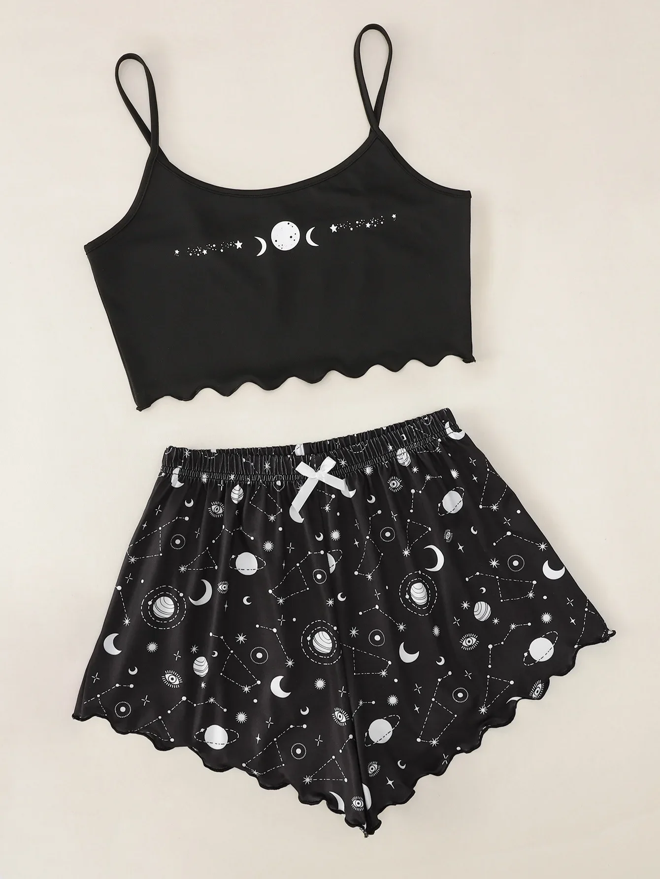 Casual Star Moon Printed Sleeveless Sling Crop Tops and Shorts Set - Image 2