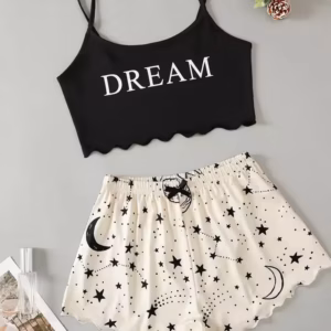 Casual Star Moon Printed Sleeveless Sling Crop Tops and Shorts Set