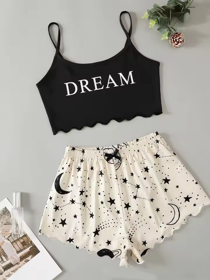 Casual Star Moon Printed Sleeveless Sling Crop Tops and Shorts Set