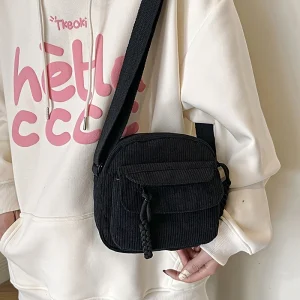 Casual Style Zipper Closure Adjustable Strap Multi Pockets Polyester Lining Corduroy Crossbody Bag