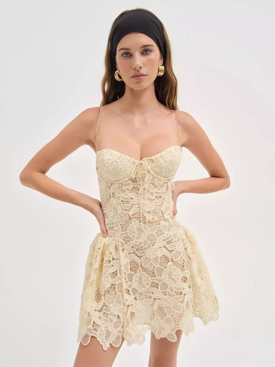 Casual Sweet Open Shoulder Front Tie Lace Mini Strap Dress