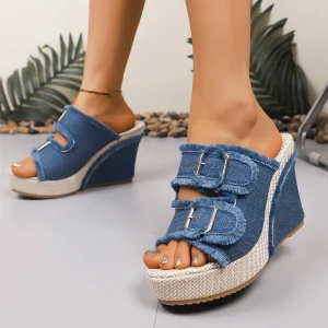 Casual Thick Sole Denim Double Buckle Strap Wedges Heel Platform Slides Sandals