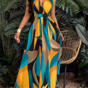 Casual Tropical Print V-Neck Waist Section Cable Knit Fit And Flare Maxi Dress