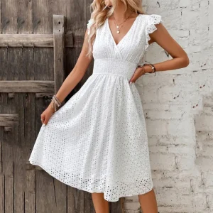 Casual V-Neck Flare Sleeve Solid Color Hollow Lace Waist Beach Holiday Dresses