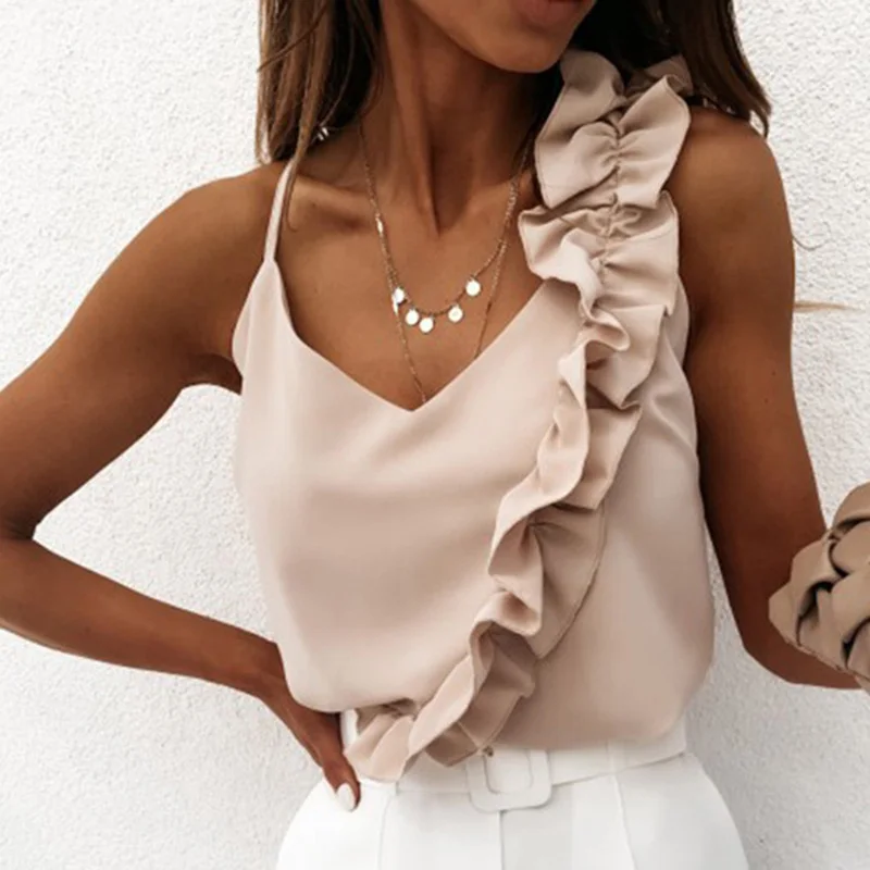 Casual V Neck Ruffle Blouses Backless Spaghetti Strap Office Sleeveless Tops - Image 2