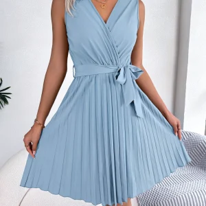 Casual V Neck Sleeveless Regular Pleated Knee Length Dress