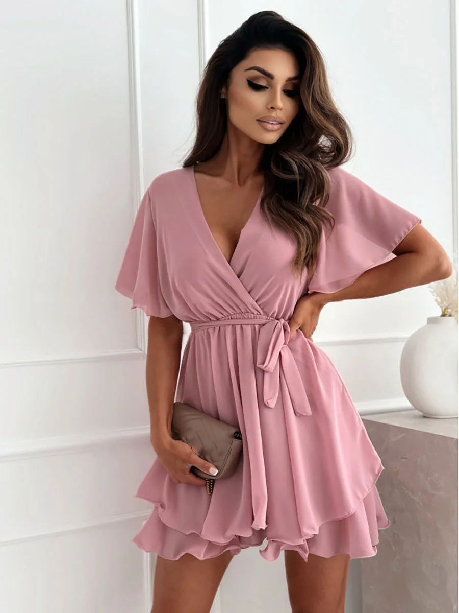 Casual V-neck Cross Strap Fashion Mini Skirt Ruffled Hem Chiffon Dress - Image 4
