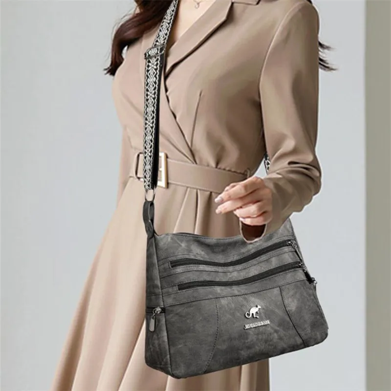 Casual Vintage Style Multi Layer Versatile Faux Leather With Zipper Closure Shoulder Crossbody Bag - Image 2