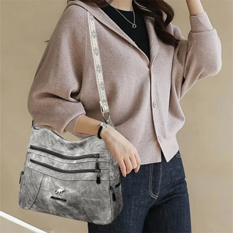 Casual Vintage Style Multi Layer Versatile Faux Leather With Zipper Closure Shoulder Crossbody Bag - Image 3