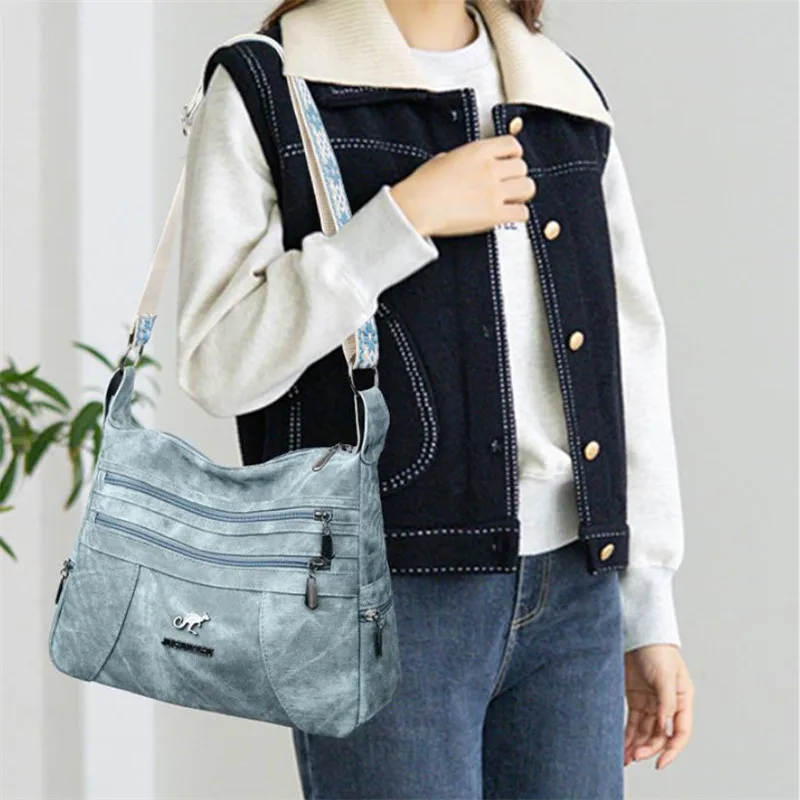 Casual Vintage Style Multi Layer Versatile Faux Leather With Zipper Closure Shoulder Crossbody Bag - Image 4