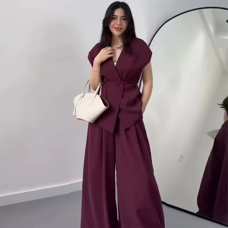Casual Wide Leg Pants Sleeveless Vest Top Pleated Trousers Sets Two Piece Outfits