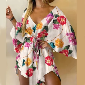 Causal V-Neck Bat Sleeve Print Ruffl Flowers Print Bohemian Mini Dresses