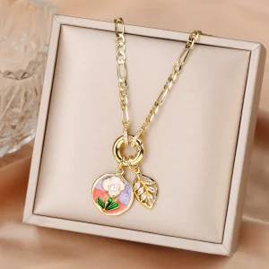 Casual Copper Round Flower Series Pearl Zirconia Pendant Necklace