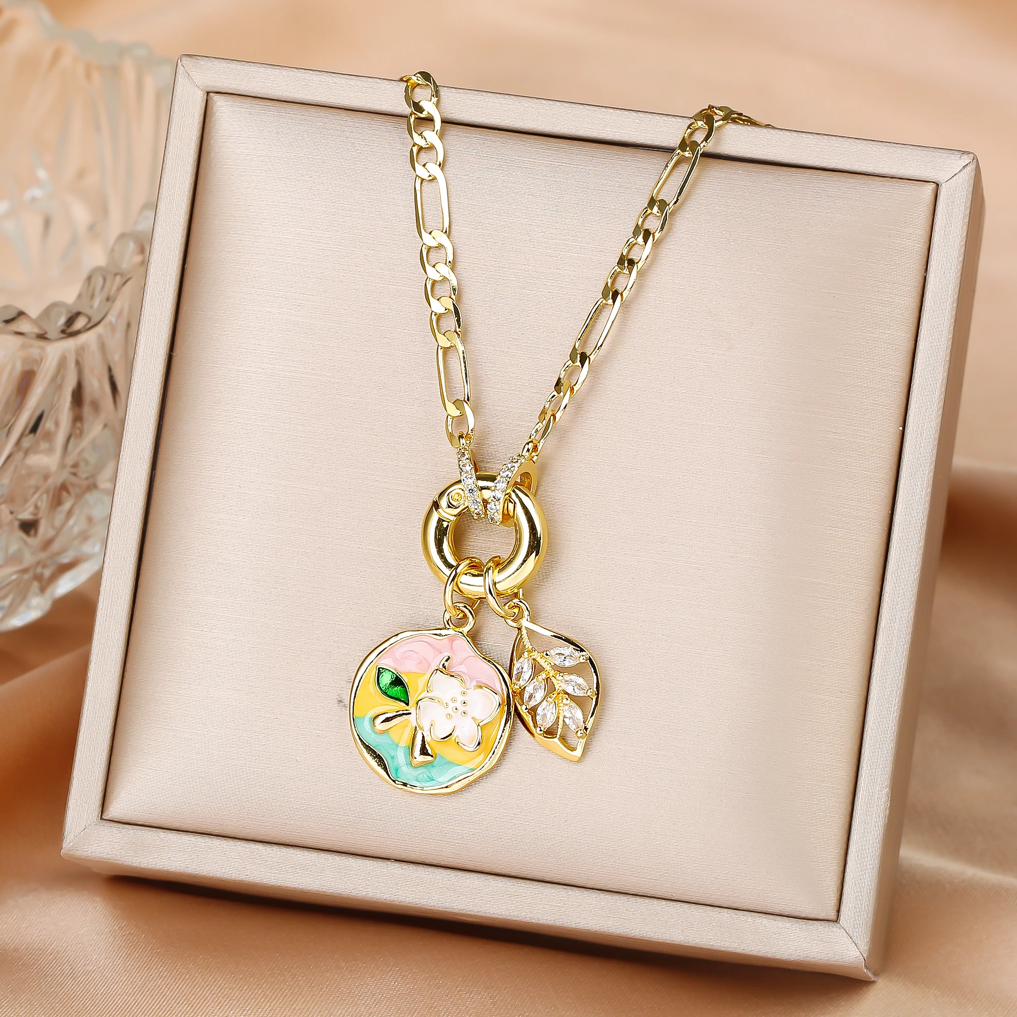 Classic Copper Round Flower Series Pearl Zirconia Pendant Necklace - Image 3