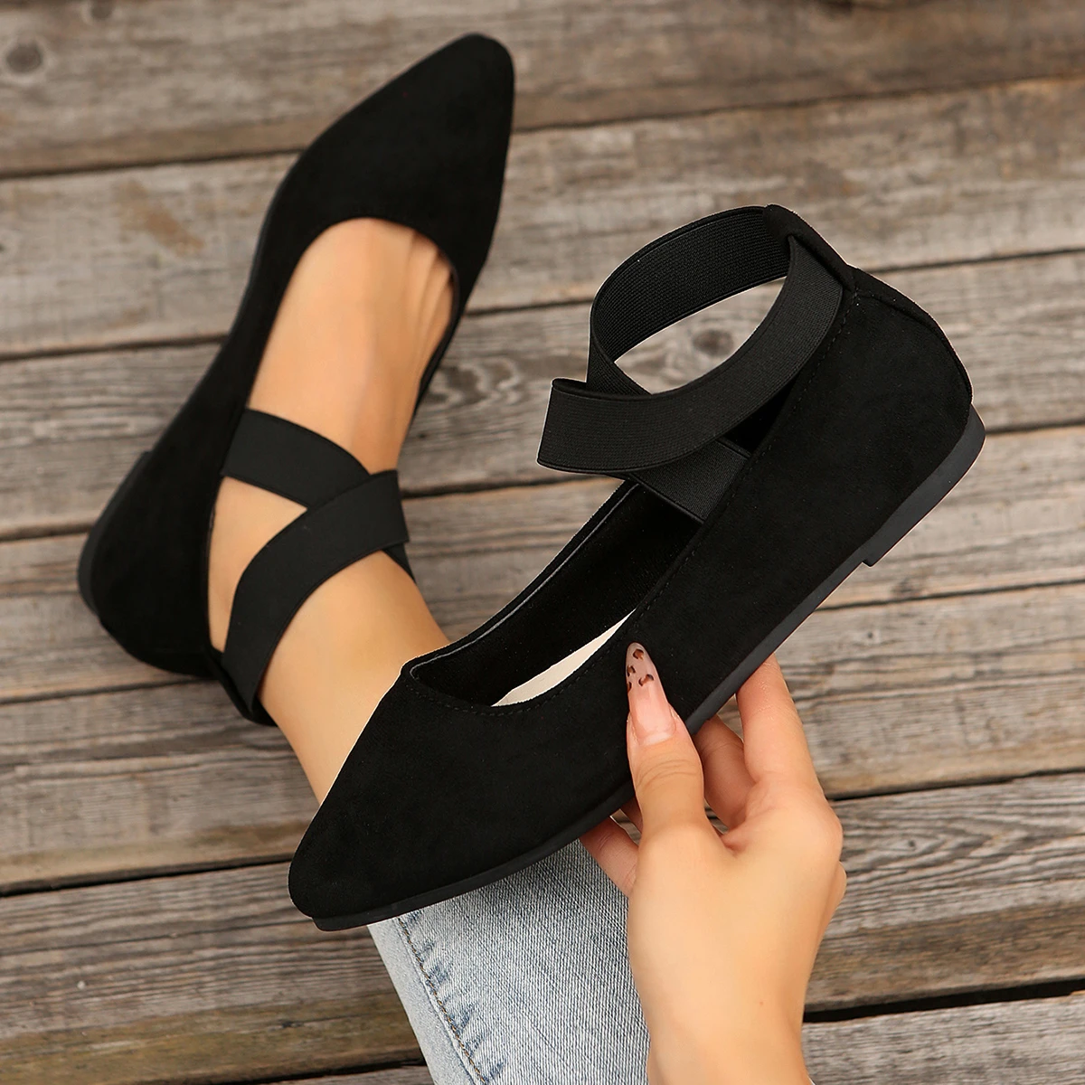 Classic Shallow Mouth Elastic Strap Flat Pointed Toe Flats Sandal - Image 11