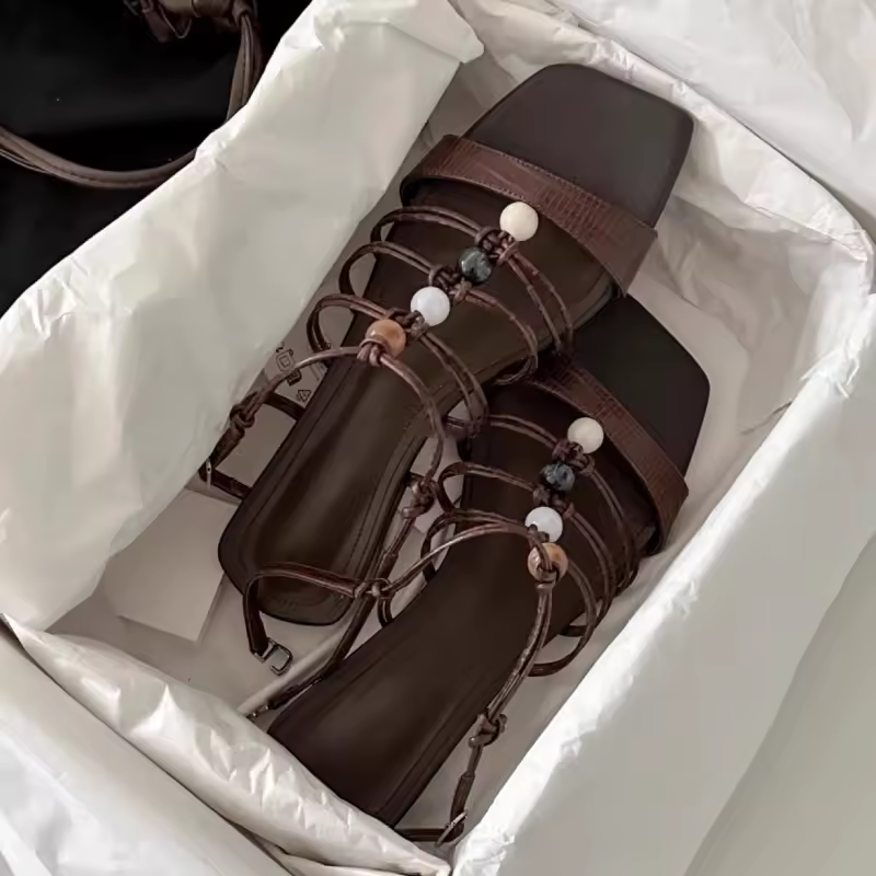 Comfort Square Toe Buckle Designer Narrow Band Bead Decoration Flat Sandal - Image 4