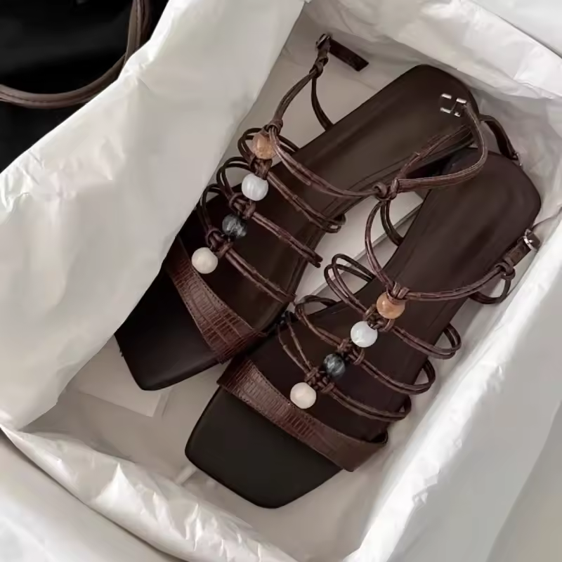 Comfort Square Toe Buckle Designer Narrow Band Bead Decoration Flat Sandal - Image 5