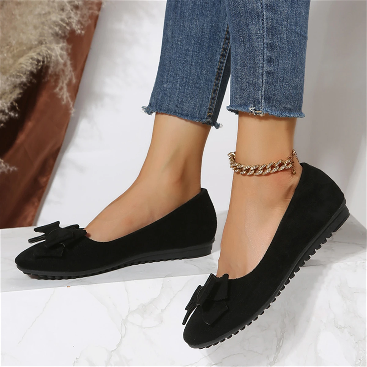Comfortable Non-slip Wear-resistant Simple Bow Round Toe Flat Loafers - Image 3