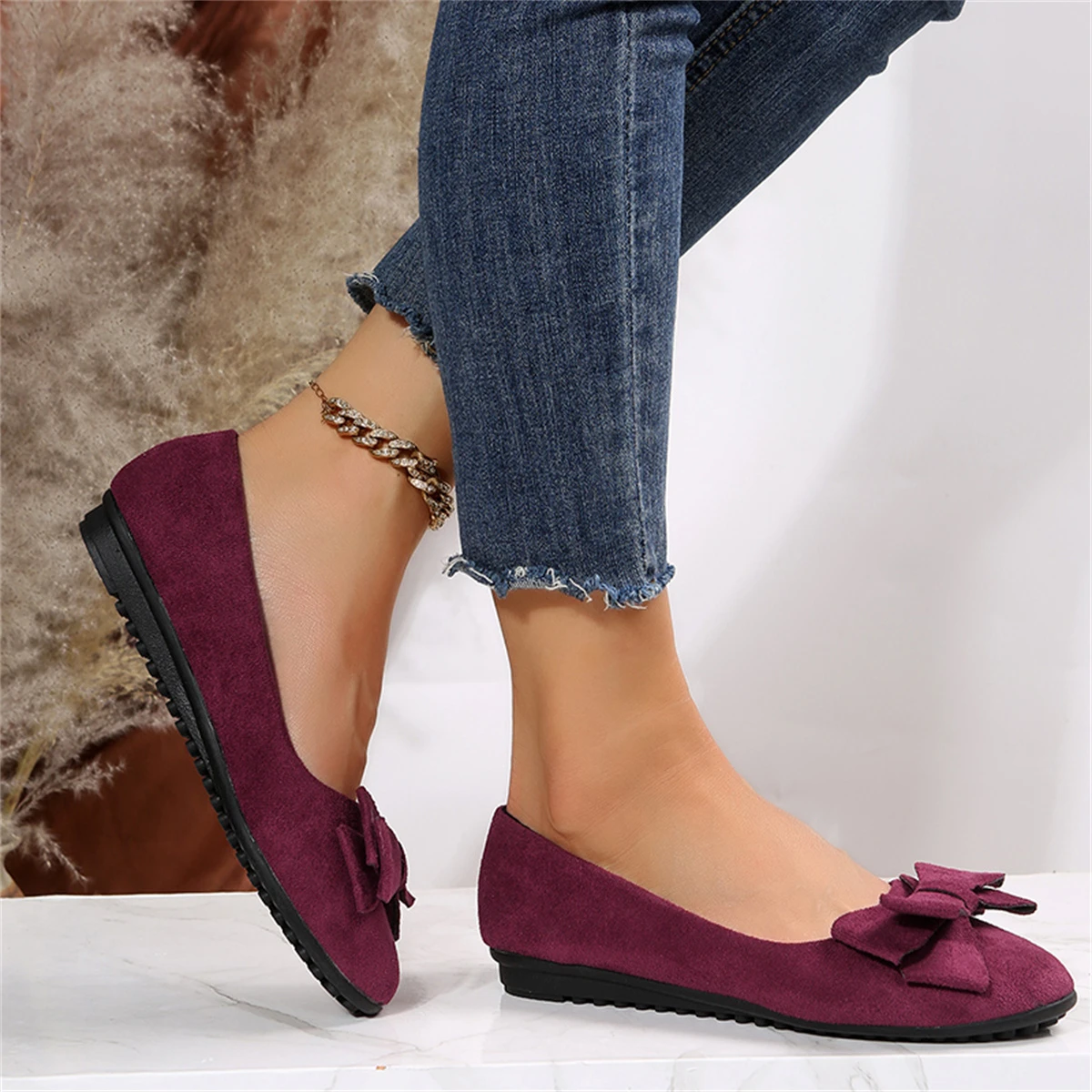 Comfortable Non-slip Wear-resistant Simple Bow Round Toe Flat Loafers - Image 2
