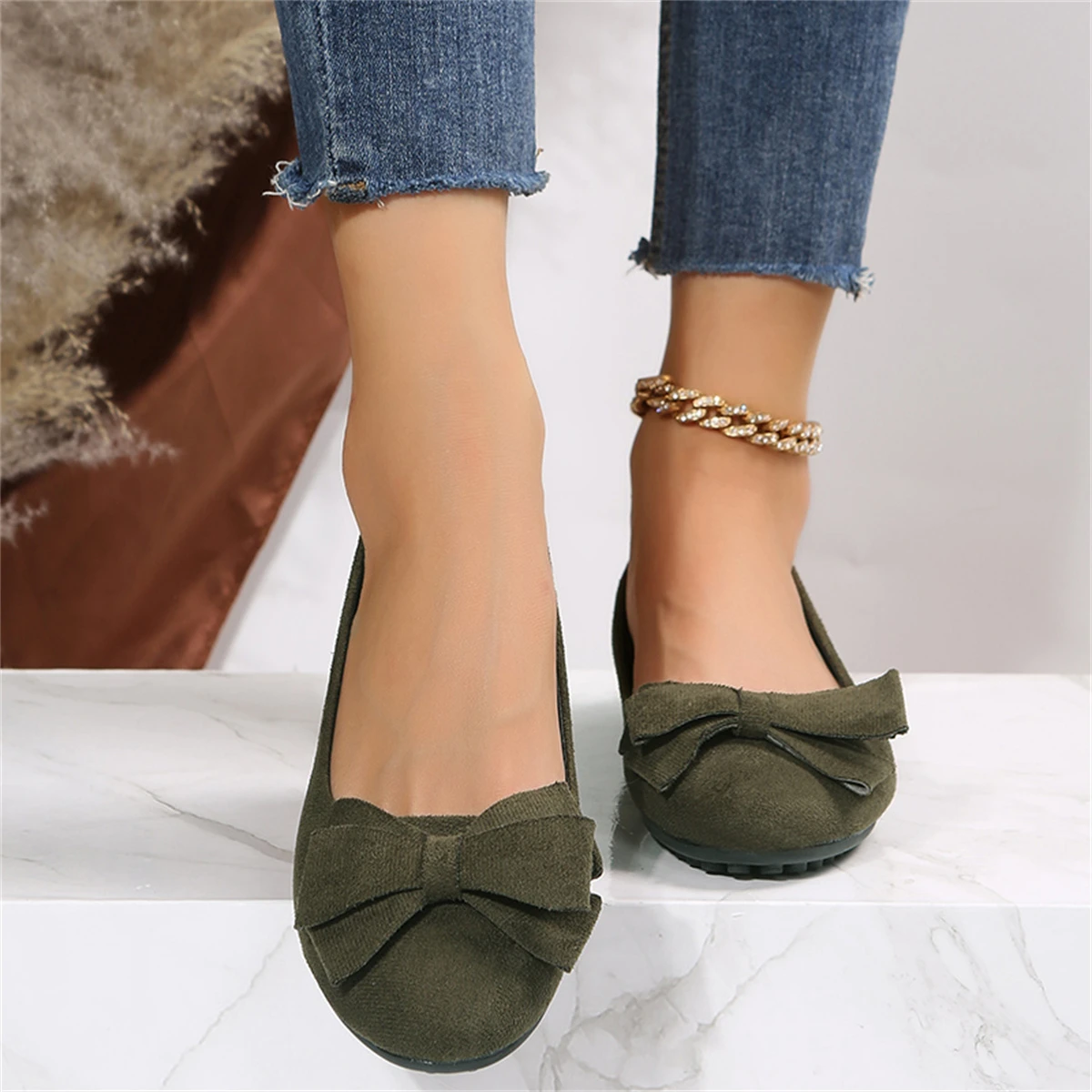 Comfortable Non-slip Wear-resistant Simple Bow Round Toe Flat Loafers - Image 6