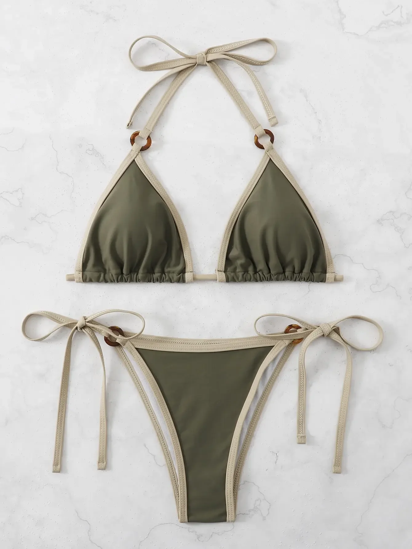 Contrast Binding Ring Bikinis Halter Swimsuit Triangle Swimwear Bathing Suit - Image 2