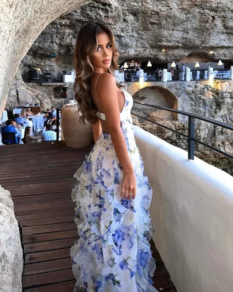 Elegant 3D Print V-Neck Off-Shoulder Sleeveless Evening Party Long Dress - Image 3