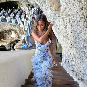 Elegant 3D Print V-Neck Off-Shoulder Sleeveless Evening Party Long Dress