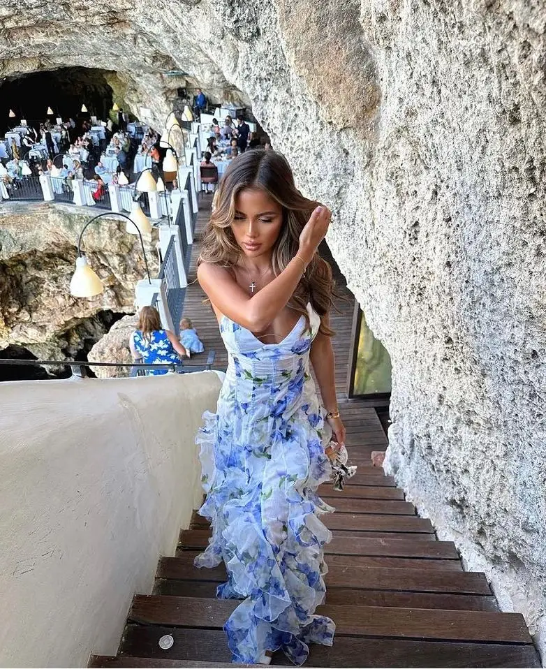 Elegant 3D Print V-Neck Off-Shoulder Sleeveless Evening Party Long Dress