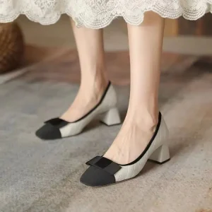 Elegant Artificial Leather Block Shallow Mouth Chunky Mid High Heels Pumps