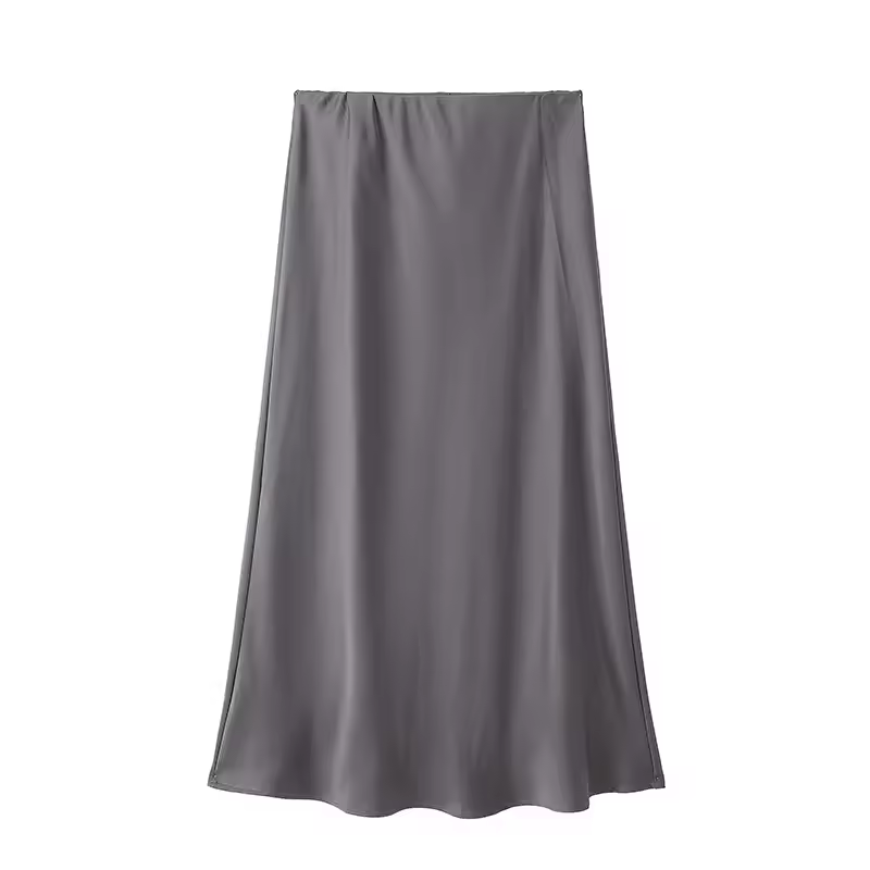 Elegant Blended Natural Waist Satin Non Stretch High Waist Midi Skirt - Image 4