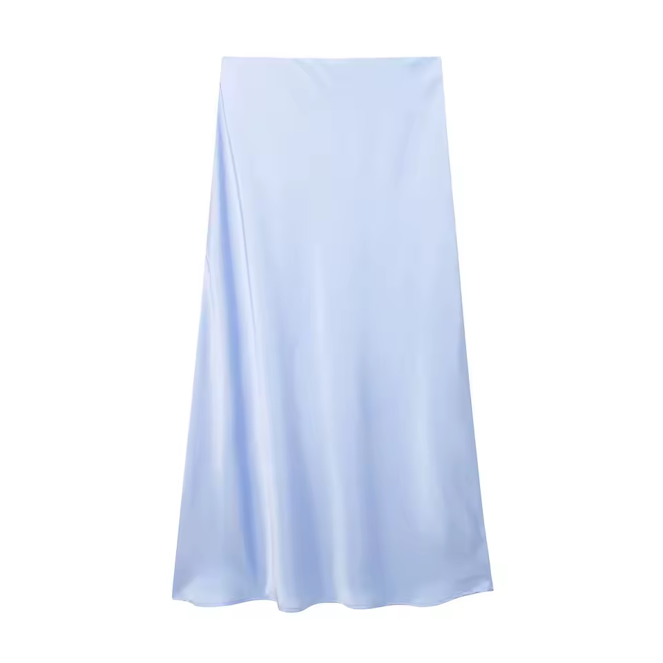 Elegant Blended Natural Waist Satin Non Stretch High Waist Midi Skirt - Image 3