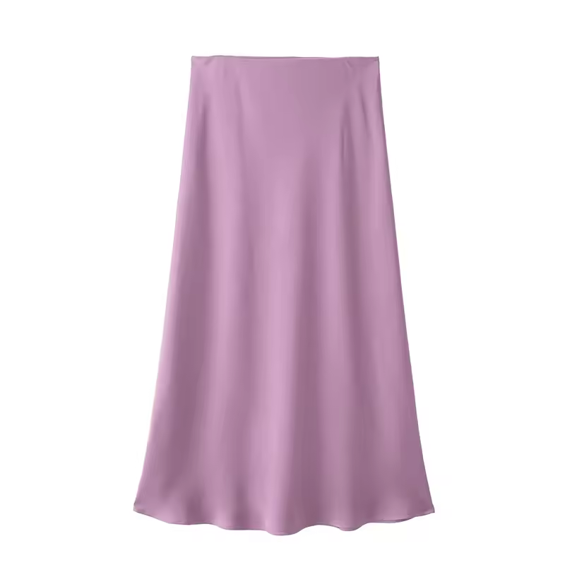 Elegant Blended Natural Waist Satin Non Stretch High Waist Midi Skirt - Image 6