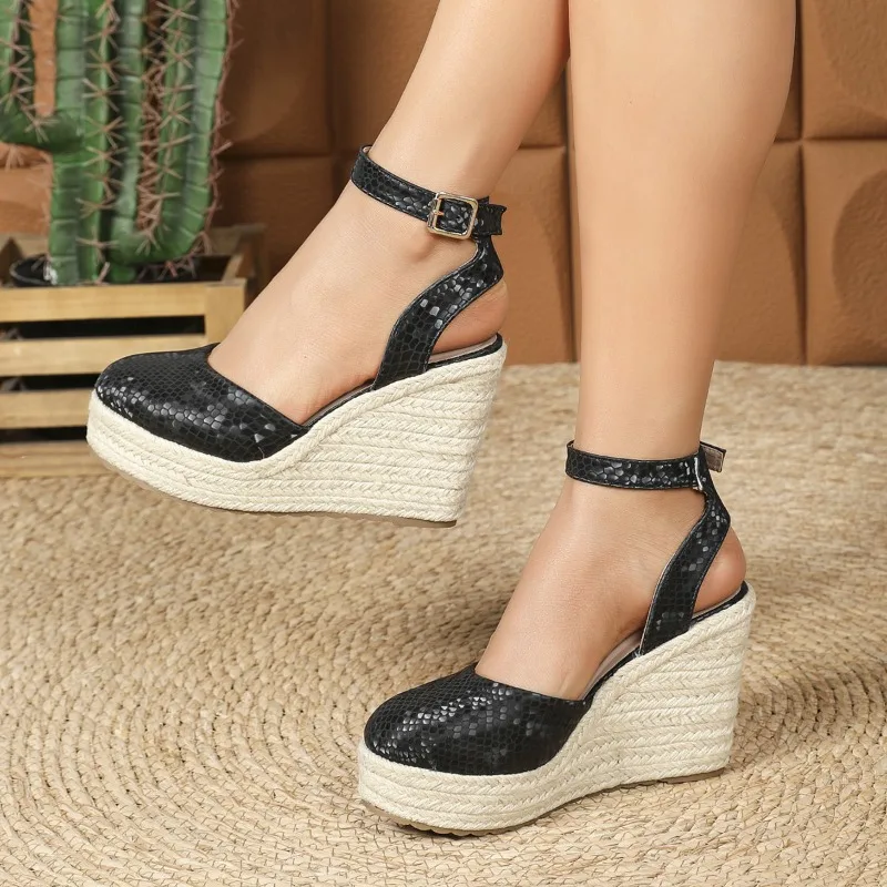 Elegant Bonded Leather Wedge Super High Heels Sandals - Image 4