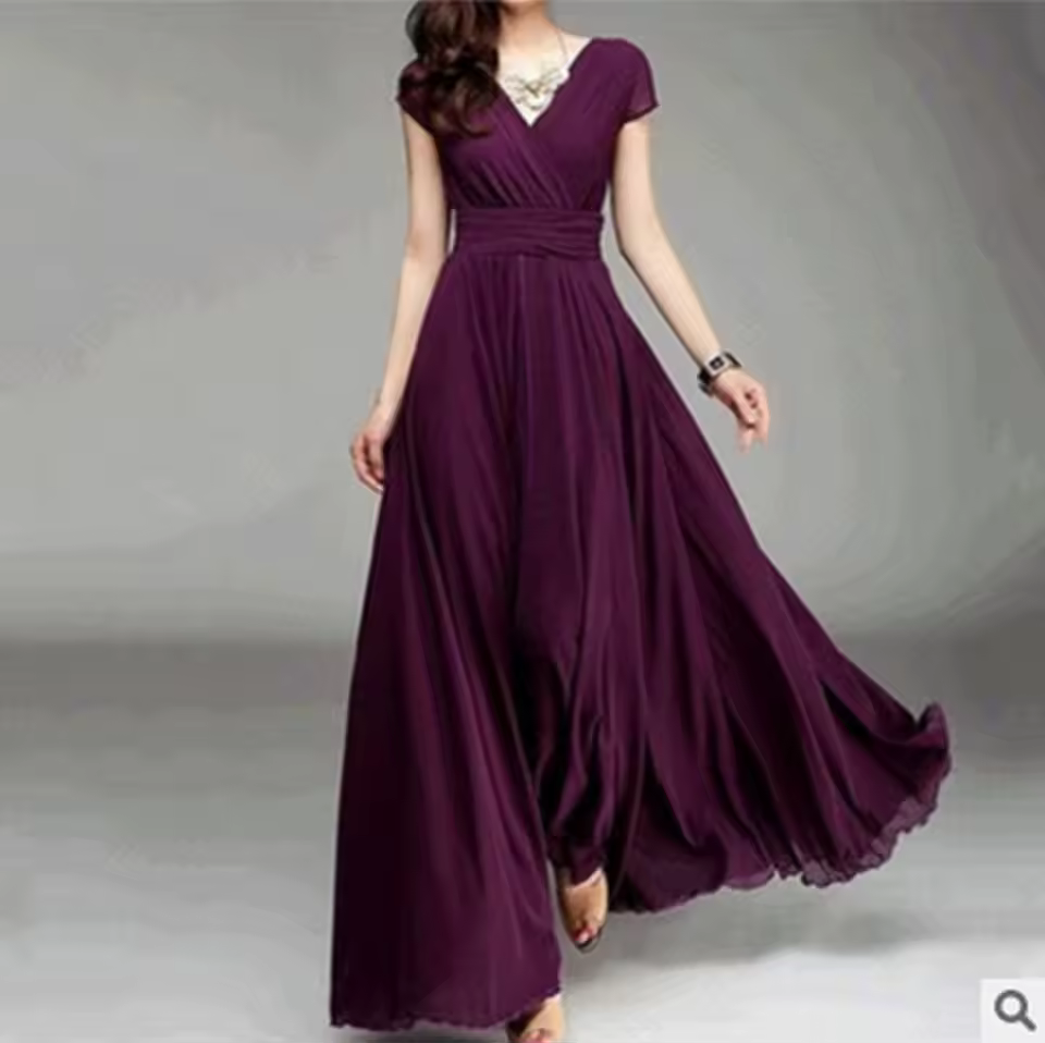 Elegant Chiffon Monochromatic Bohemian Long Short-Sleeved Dress