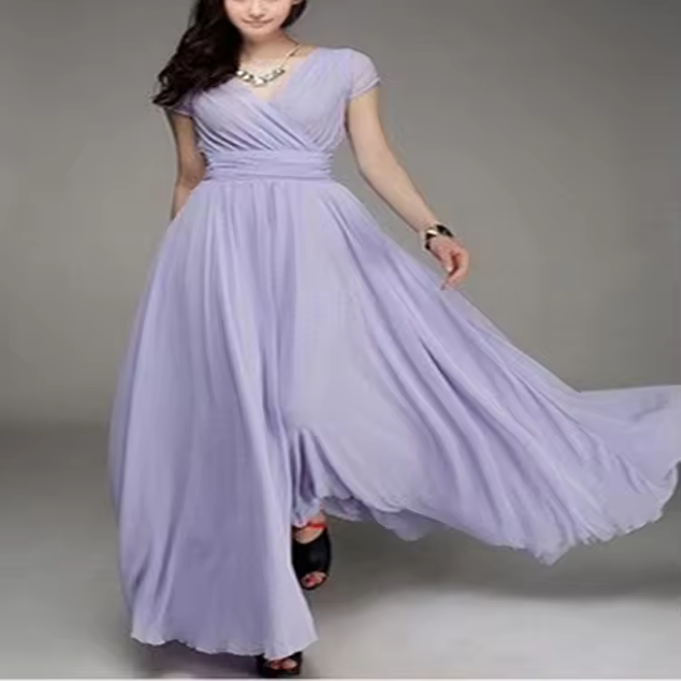 Elegant Chiffon Monochromatic Bohemian Long Short-Sleeved Dress - Image 2