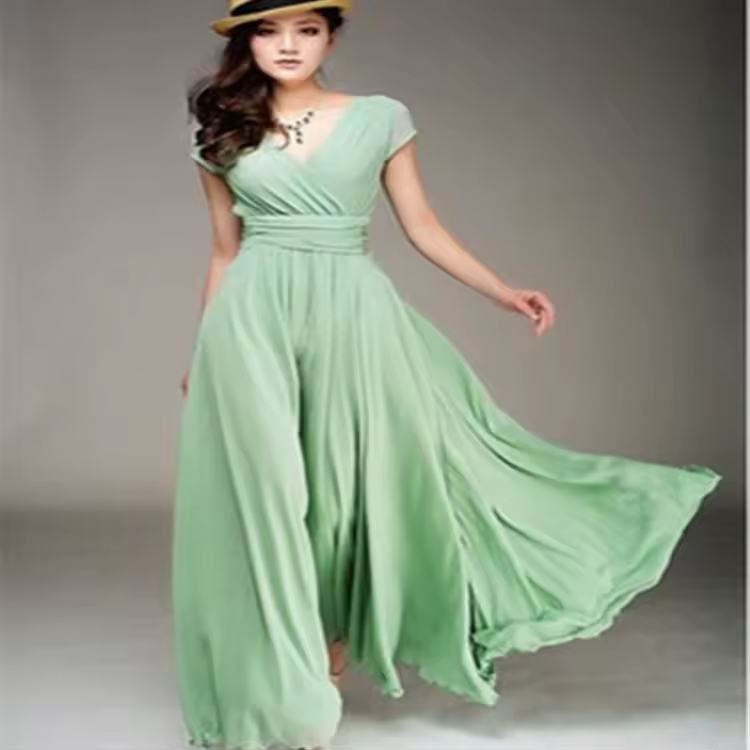 Elegant Chiffon Monochromatic Bohemian Long Short-Sleeved Dress - Image 3