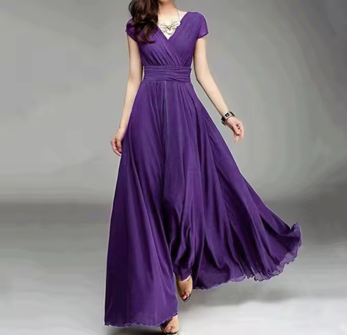 Elegant Chiffon Monochromatic Bohemian Long Short-Sleeved Dress - Image 5