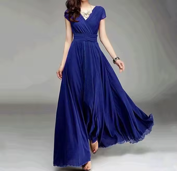 Elegant Chiffon Monochromatic Bohemian Long Short-Sleeved Dress - Image 6