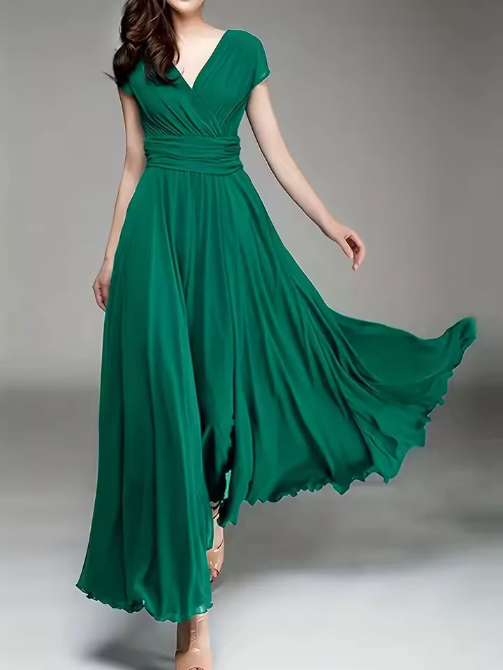 Elegant Chiffon Monochromatic Bohemian Long Short-Sleeved Dress - Image 7