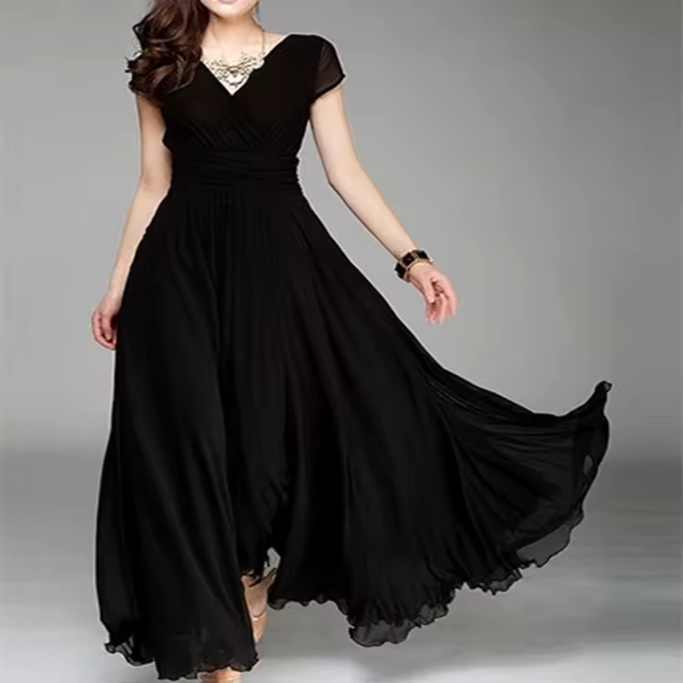 Elegant Chiffon Monochromatic Bohemian Long Short-Sleeved Dress - Image 8