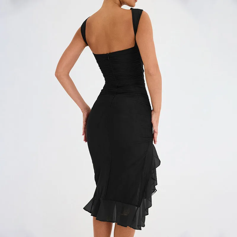 Elegant Cross-Border Fashion Mesh Tight-Fitting Backless Pleated Dress - Image 9