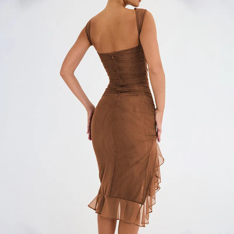 Elegant Cross-Border Fashion Mesh Tight-Fitting Backless Pleated Dress - Image 3