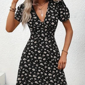 Elegant Floral Printed V Neck Fit and Flare Puff Sleeve Mini Dress