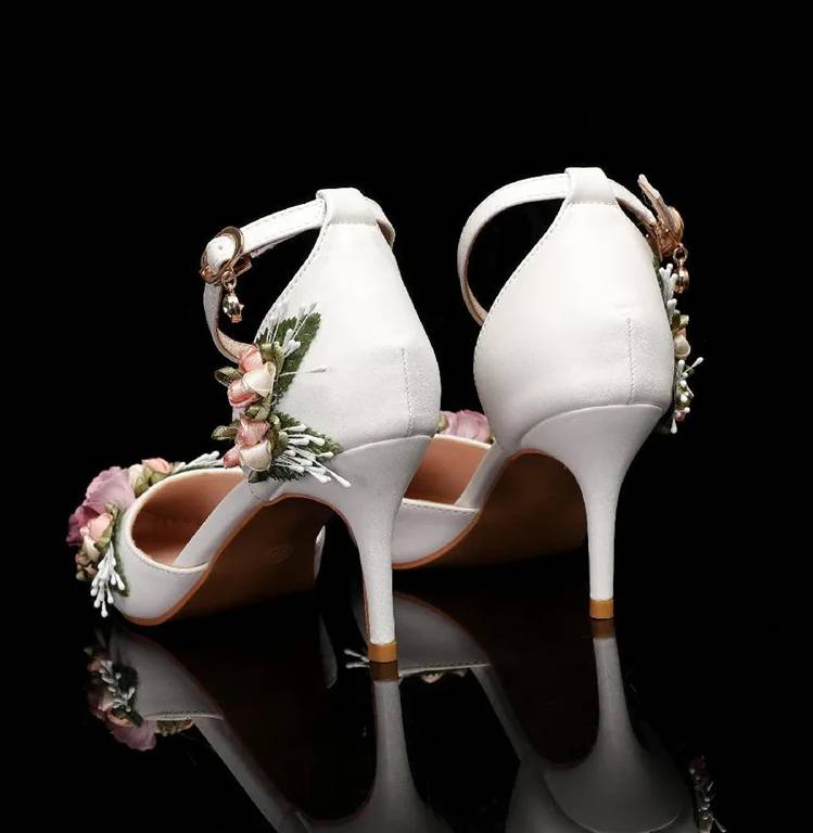 Elegant Flowers Leaf Latex Foam Pointed Toe Satin High Heels Sandal - Image 8