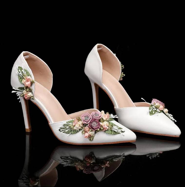 Elegant Flowers Leaf Latex Foam Pointed Toe Satin High Heels Sandal - Image 2