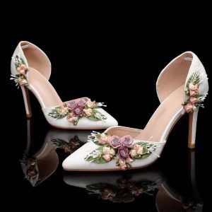 Elegant Flowers Leaf Latex Foam Pointed Toe Satin High Heels Sandal