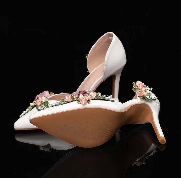 Elegant Flowers Leaf Latex Foam Pointed Toe Satin High Heels Sandal - Image 5