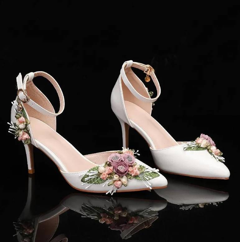 Elegant Flowers Leaf Latex Foam Pointed Toe Satin High Heels Sandal - Image 6
